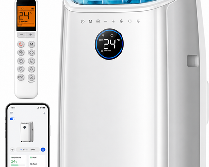 Climatiseur Portable 10 000 BTU (+40m²) pour chambre, refroidissement efficace sans drainage, silencieux, contrôle par application et vocal, minuterie 24 h, ventilateur et déshumidificateur