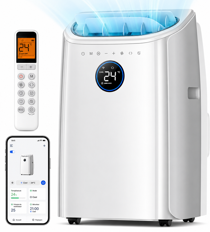 Climatiseur Portable 10 000 BTU (+40m²) pour chambre, refroidissement efficace sans drainage, silencieux, contrôle par application et vocal, minuterie 24 h, ventilateur et déshumidificateur