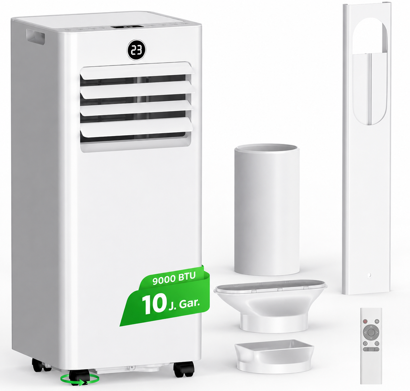 Climatiseur Mobile 9 000 BTU (+35m²) 4 en 1 Silencieux - Télécommande, Minuterie 24h & Mode Sommeil,Clim Mobile pour Maison et Bureau,Kit d'Évacuation par Fenêtre Inclus