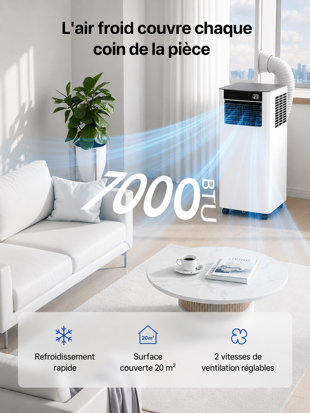 Climatiseur Mobile 7 000 BTU (+35m²) 3-en-1 Écoénergétique Climatiseur Portable, Kit Fenêtre Inclus, Contrôle Via Appli Télécommande, Silencieux 48 dB, Minuterie 24 H