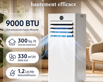Climatiseur Mobile 9 000 BTU (+35m²) 4 en 1 Silencieux - Télécommande, Minuterie 24h & Mode Sommeil,Clim Mobile pour Maison et Bureau,Kit d'Évacuation par Fenêtre Inclus