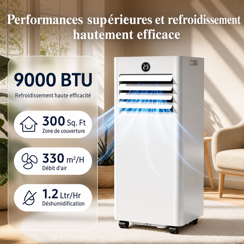 Climatiseur Mobile 9 000 BTU (+35m²) 4 en 1 Silencieux - Télécommande, Minuterie 24h & Mode Sommeil,Clim Mobile pour Maison et Bureau,Kit d'Évacuation par Fenêtre Inclus