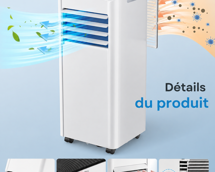Climatiseur mobile 9 000 BTU (+35m²) 2,6 kW (avec télécommande), climatiseur portable quatre en un, fonctionnement silencieux, écran LED, minuterie 24 heures