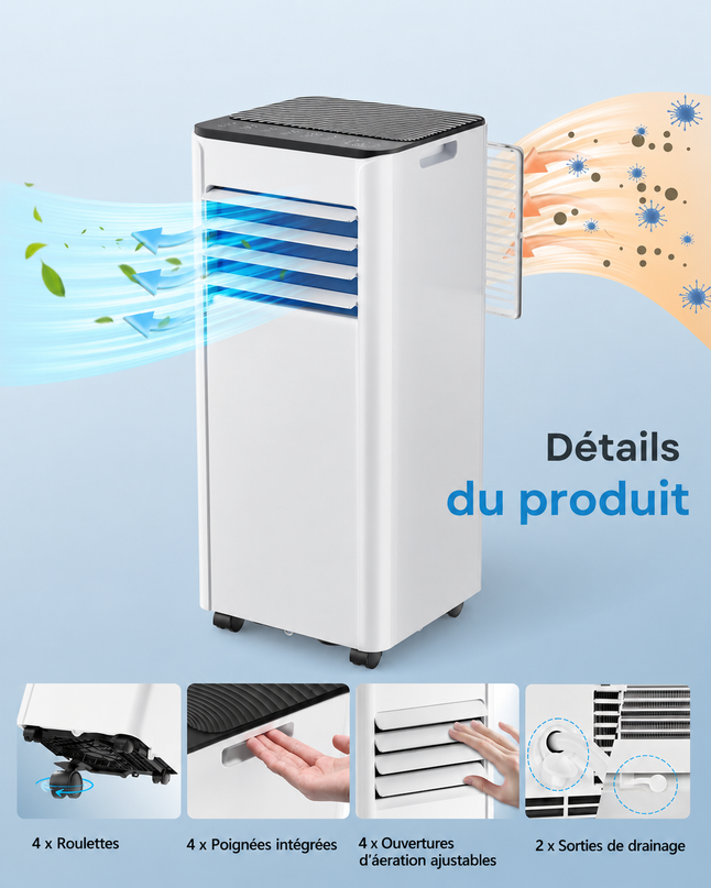 Climatiseur mobile 9 000 BTU (+35m²) 2,6 kW (avec télécommande), climatiseur portable quatre en un, fonctionnement silencieux, écran LED, minuterie 24 heures