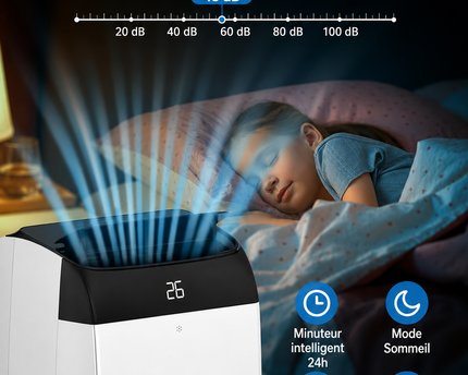 Climatiseur portable 3 en 1 - 10 000 BTU (+40m²) – Silencieux - Refroidissement, déshumidification 30 L jour, ventilateur 2 vitesses – minuterie 24 h, affichage numérique
