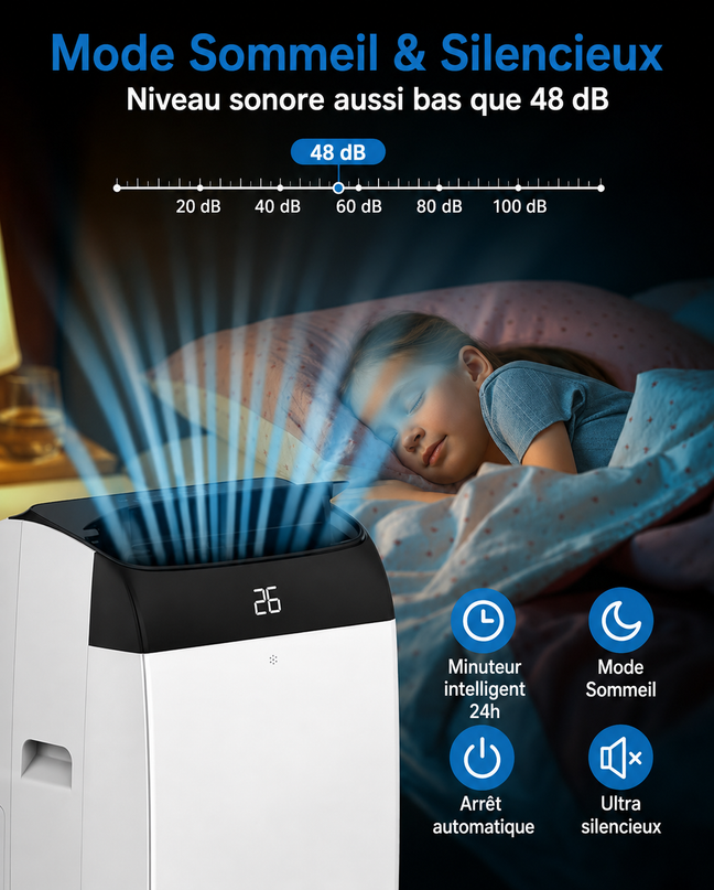 Climatiseur portable 3 en 1 - 10 000 BTU (+40m²) – Silencieux - Refroidissement, déshumidification 30 L jour, ventilateur 2 vitesses – minuterie 24 h, affichage numérique