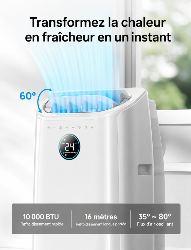 Climatiseur Portable 10 000 BTU (+40m²) pour chambre, refroidissement efficace sans drainage, silencieux, contrôle par application et vocal, minuterie 24 h, ventilateur et déshumidificateur