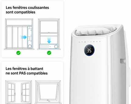 Climatiseur Portable 10 000 BTU (+40m²) pour chambre, refroidissement efficace sans drainage, silencieux, contrôle par application et vocal, minuterie 24 h, ventilateur et déshumidificateur