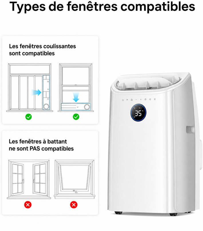 Climatiseur Portable 10 000 BTU (+40m²) pour chambre, refroidissement efficace sans drainage, silencieux, contrôle par application et vocal, minuterie 24 h, ventilateur et déshumidificateur