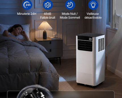 Climatiseur Mobile 7 000 BTU (+35m²) 3-en-1 Écoénergétique Climatiseur Portable, Kit Fenêtre Inclus, Contrôle Via Appli Télécommande, Silencieux 48 dB, Minuterie 24 H