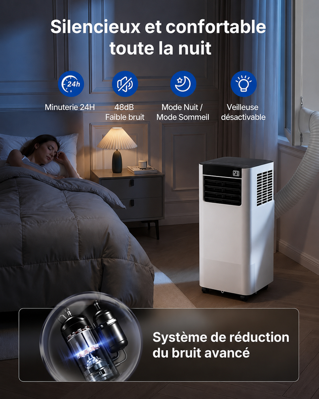 Climatiseur Mobile 7 000 BTU (+35m²) 3-en-1 Écoénergétique Climatiseur Portable, Kit Fenêtre Inclus, Contrôle Via Appli Télécommande, Silencieux 48 dB, Minuterie 24 H