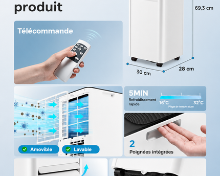 Climatiseur mobile 9 000 BTU (+35m²) 2,6 kW (avec télécommande), climatiseur portable quatre en un, fonctionnement silencieux, écran LED, minuterie 24 heures