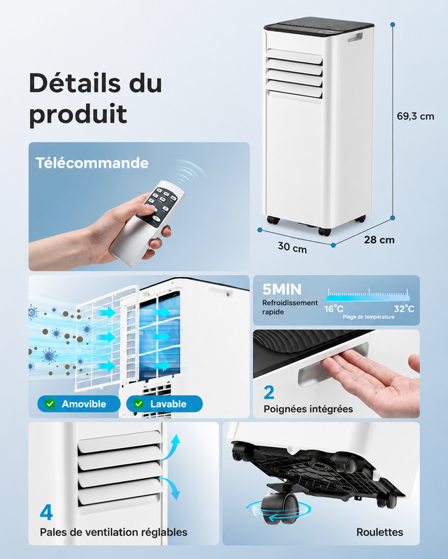 Climatiseur mobile 9 000 BTU (+35m²) 2,6 kW (avec télécommande), climatiseur portable quatre en un, fonctionnement silencieux, écran LED, minuterie 24 heures