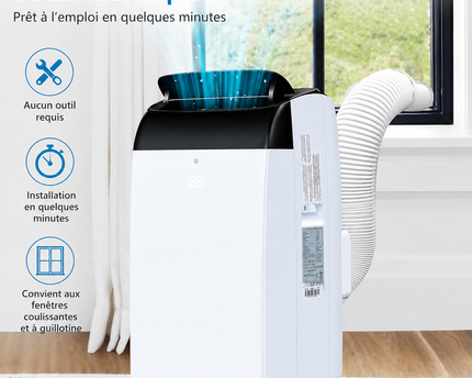 Climatiseur portable 3 en 1 - 10 000 BTU (+40m²) – Silencieux - Refroidissement, déshumidification 30 L jour, ventilateur 2 vitesses – minuterie 24 h, affichage numérique