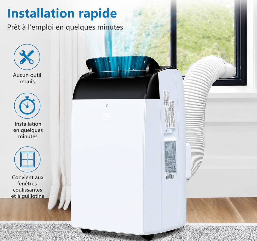 Climatiseur portable 3 en 1 - 10 000 BTU (+40m²) – Silencieux - Refroidissement, déshumidification 30 L jour, ventilateur 2 vitesses – minuterie 24 h, affichage numérique