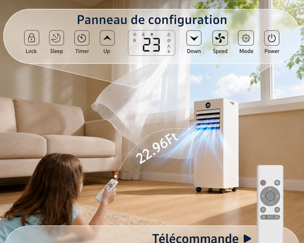 Climatiseur Mobile 9 000 BTU (+35m²) 4 en 1 Silencieux - Télécommande, Minuterie 24h & Mode Sommeil,Clim Mobile pour Maison et Bureau,Kit d'Évacuation par Fenêtre Inclus