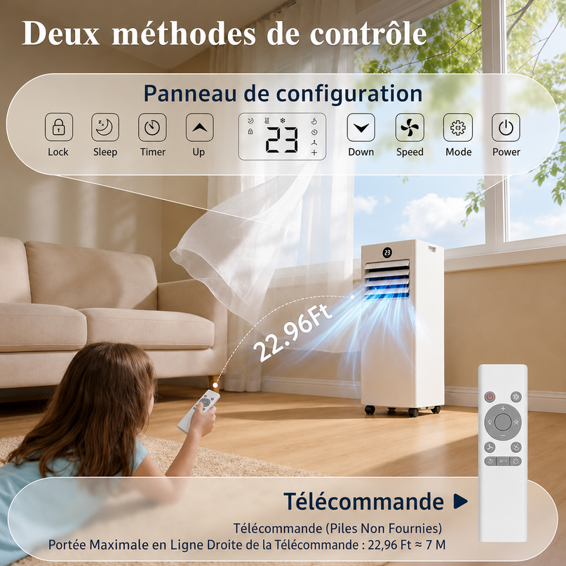 Climatiseur Mobile 9 000 BTU (+35m²) 4 en 1 Silencieux - Télécommande, Minuterie 24h & Mode Sommeil,Clim Mobile pour Maison et Bureau,Kit d'Évacuation par Fenêtre Inclus