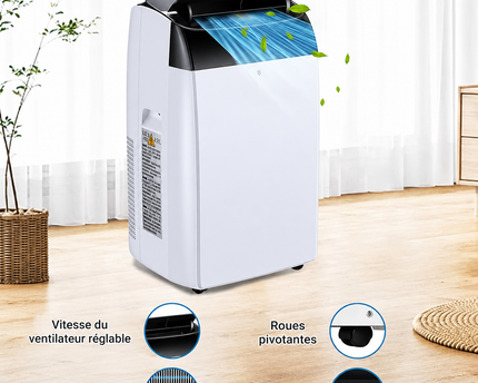 Climatiseur portable 3 en 1 - 10 000 BTU (+40m²) – Silencieux - Refroidissement, déshumidification 30 L jour, ventilateur 2 vitesses – minuterie 24 h, affichage numérique