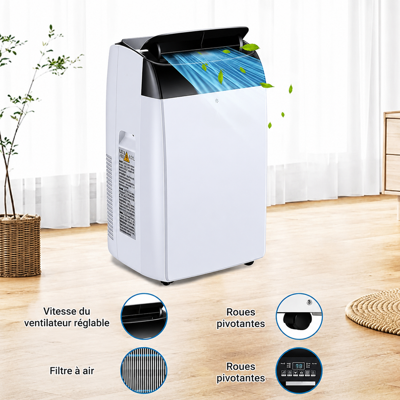 Climatiseur portable 3 en 1 - 10 000 BTU (+40m²) – Silencieux - Refroidissement, déshumidification 30 L jour, ventilateur 2 vitesses – minuterie 24 h, affichage numérique
