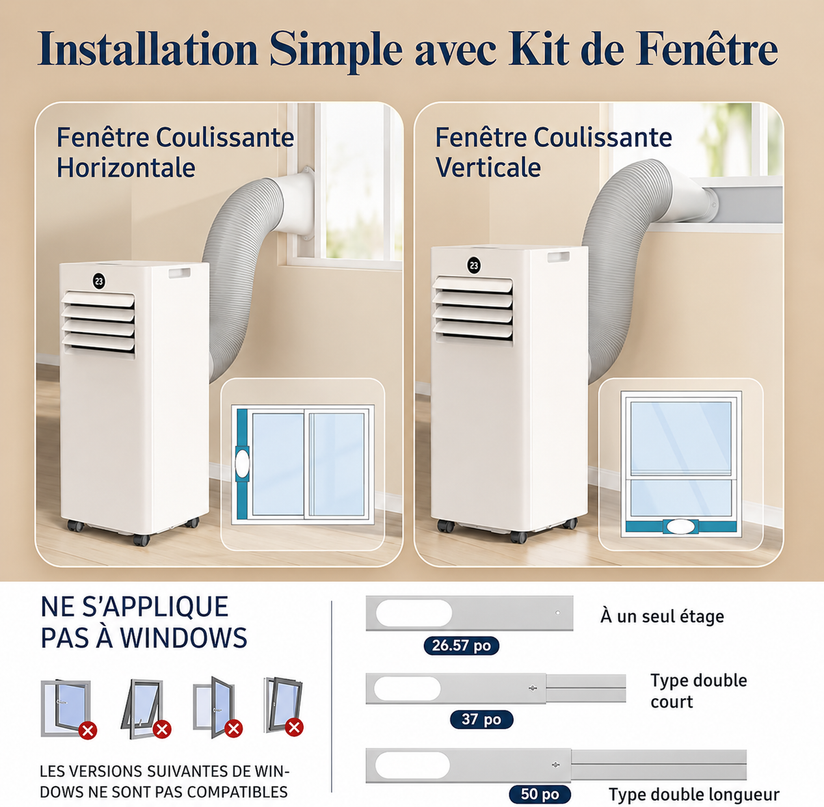 Climatiseur Mobile 9 000 BTU (+35m²) 4 en 1 Silencieux - Télécommande, Minuterie 24h & Mode Sommeil,Clim Mobile pour Maison et Bureau,Kit d'Évacuation par Fenêtre Inclus