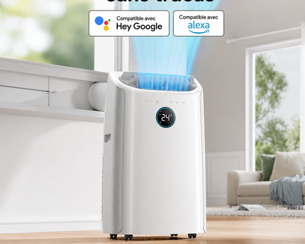 Climatiseur Portable 10 000 BTU (+40m²) pour chambre, refroidissement efficace sans drainage, silencieux, contrôle par application et vocal, minuterie 24 h, ventilateur et déshumidificateur