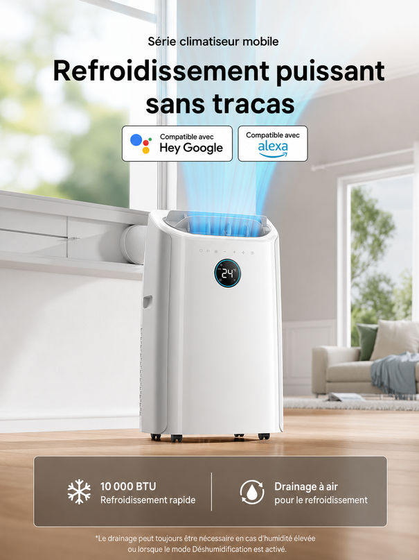 Climatiseur Portable 10 000 BTU (+40m²) pour chambre, refroidissement efficace sans drainage, silencieux, contrôle par application et vocal, minuterie 24 h, ventilateur et déshumidificateur
