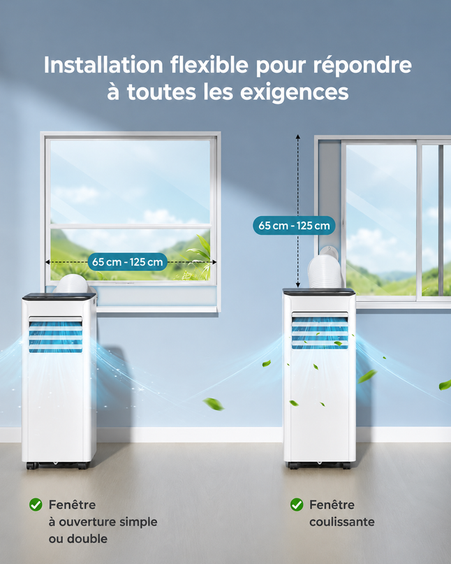 Climatiseur mobile 9 000 BTU (+35m²) 2,6 kW (avec télécommande), climatiseur portable quatre en un, fonctionnement silencieux, écran LED, minuterie 24 heures