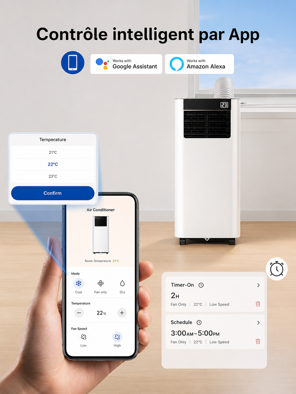 Climatiseur Mobile 7 000 BTU (+35m²) 3-en-1 Écoénergétique Climatiseur Portable, Kit Fenêtre Inclus, Contrôle Via Appli Télécommande, Silencieux 48 dB, Minuterie 24 H