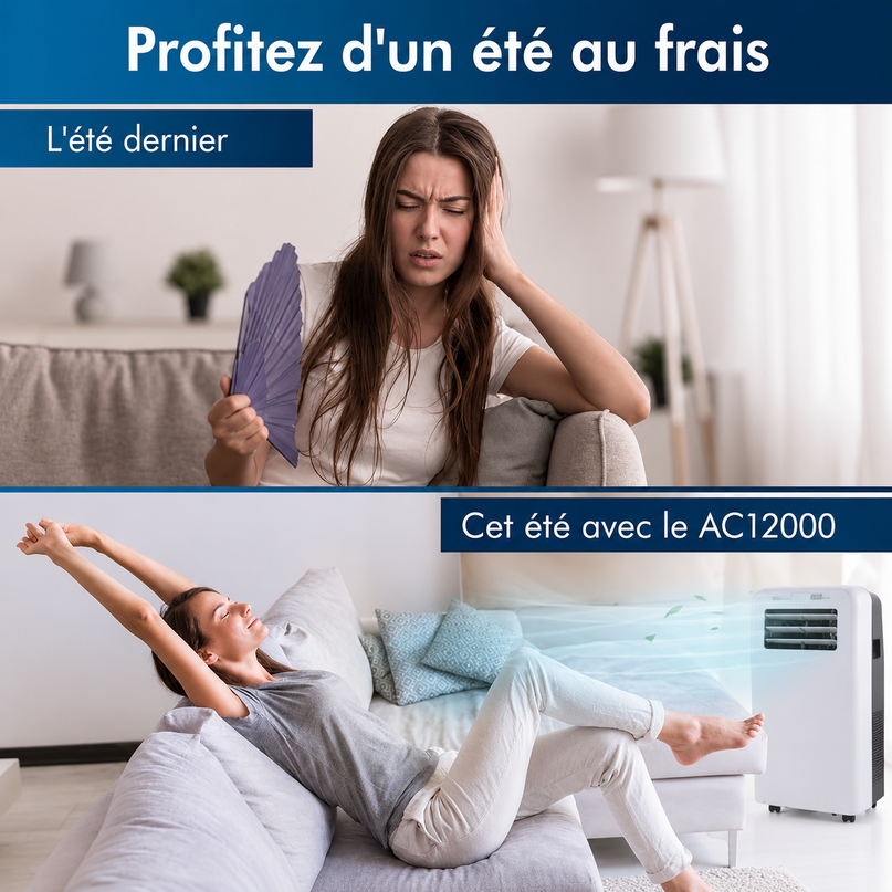 Climatiseur Mobile 12 000 BTU (+50m²) Puissant & Silencieux - Nouveauté - Déshumidificateur - Ventilateur et Climatisation - Clim Mobile avec Télécommande