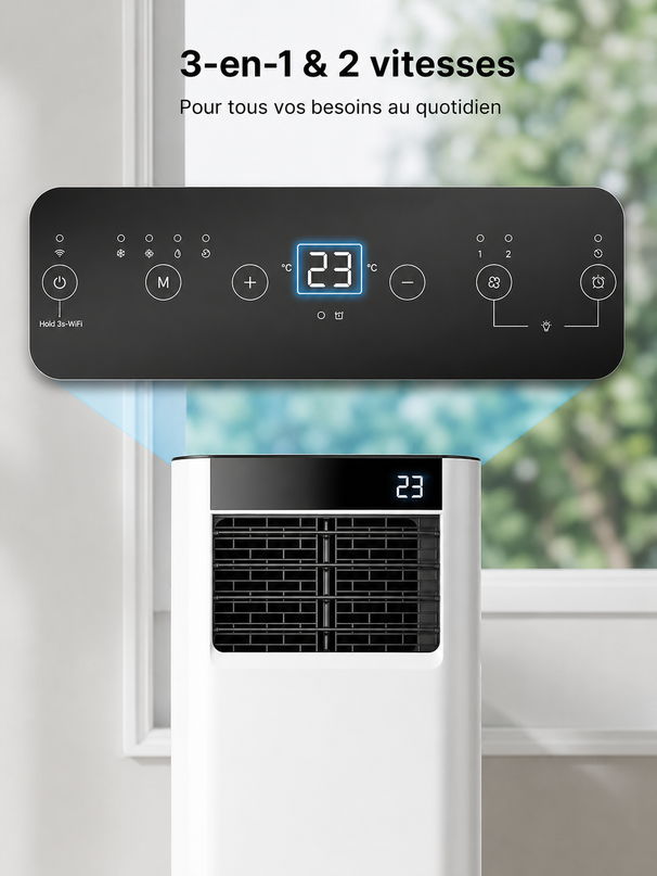 Climatiseur Mobile 7 000 BTU (+35m²) 3-en-1 Écoénergétique Climatiseur Portable, Kit Fenêtre Inclus, Contrôle Via Appli Télécommande, Silencieux 48 dB, Minuterie 24 H