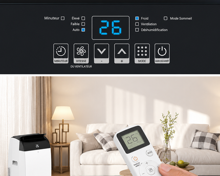 Climatiseur portable 3 en 1 - 10 000 BTU (+40m²) – Silencieux - Refroidissement, déshumidification 30 L jour, ventilateur 2 vitesses – minuterie 24 h, affichage numérique