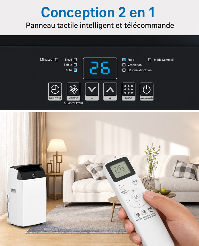 Climatiseur portable 3 en 1 - 10 000 BTU (+40m²) – Silencieux - Refroidissement, déshumidification 30 L jour, ventilateur 2 vitesses – minuterie 24 h, affichage numérique