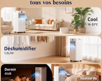 Climatiseur Mobile 9 000 BTU (+35m²) 4 en 1 Silencieux - Télécommande, Minuterie 24h & Mode Sommeil,Clim Mobile pour Maison et Bureau,Kit d'Évacuation par Fenêtre Inclus