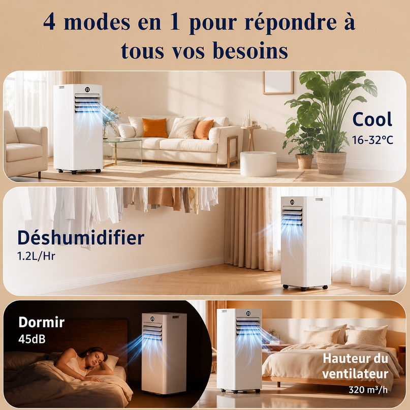 Climatiseur Mobile 9 000 BTU (+35m²) 4 en 1 Silencieux - Télécommande, Minuterie 24h & Mode Sommeil,Clim Mobile pour Maison et Bureau,Kit d'Évacuation par Fenêtre Inclus