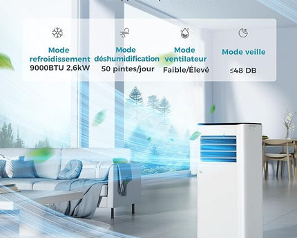 Climatiseur mobile 9 000 BTU (+35m²) 2,6 kW (avec télécommande), climatiseur portable quatre en un, fonctionnement silencieux, écran LED, minuterie 24 heures