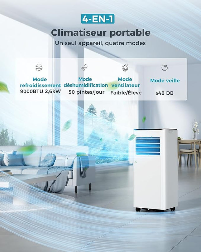 Climatiseur mobile 9 000 BTU (+35m²) 2,6 kW (avec télécommande), climatiseur portable quatre en un, fonctionnement silencieux, écran LED, minuterie 24 heures