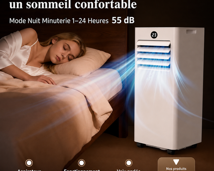 Climatiseur Mobile 9 000 BTU (+35m²) 4 en 1 Silencieux - Télécommande, Minuterie 24h & Mode Sommeil,Clim Mobile pour Maison et Bureau,Kit d'Évacuation par Fenêtre Inclus