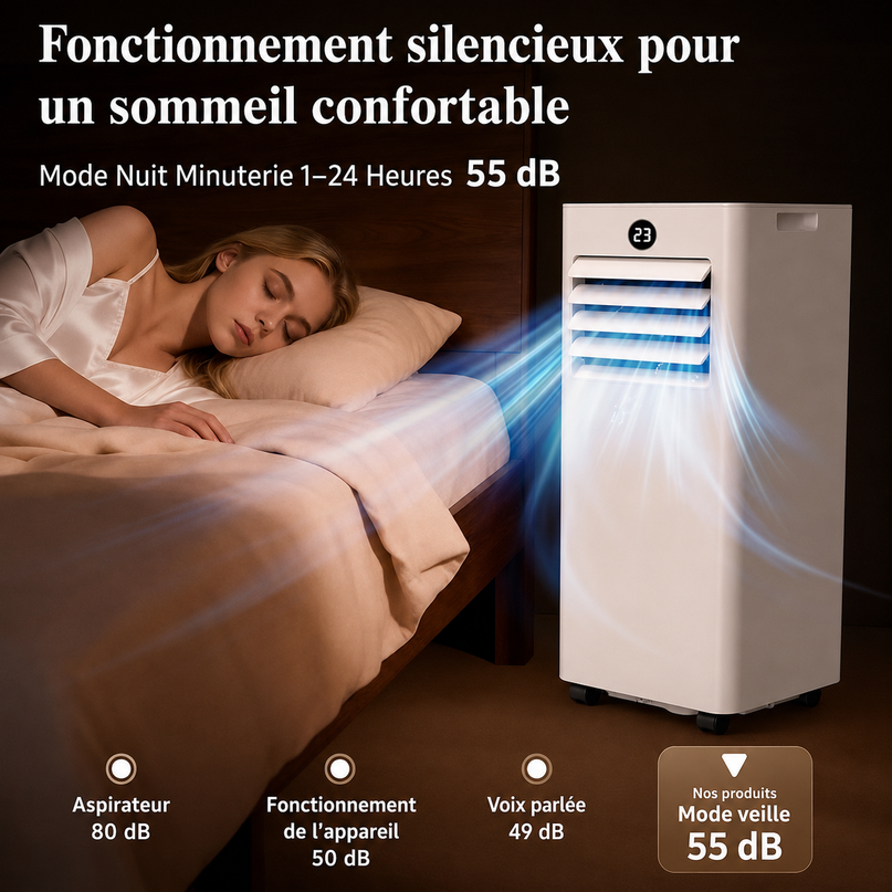 Climatiseur Mobile 9 000 BTU (+35m²) 4 en 1 Silencieux - Télécommande, Minuterie 24h & Mode Sommeil,Clim Mobile pour Maison et Bureau,Kit d'Évacuation par Fenêtre Inclus