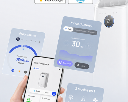 Climatiseur Portable 10 000 BTU (+40m²) pour chambre, refroidissement efficace sans drainage, silencieux, contrôle par application et vocal, minuterie 24 h, ventilateur et déshumidificateur