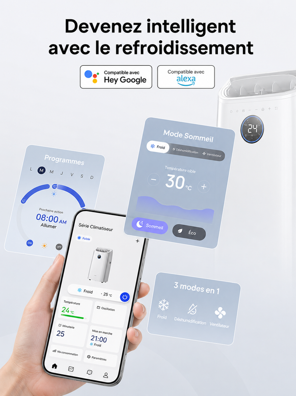Climatiseur Portable 10 000 BTU (+40m²) pour chambre, refroidissement efficace sans drainage, silencieux, contrôle par application et vocal, minuterie 24 h, ventilateur et déshumidificateur