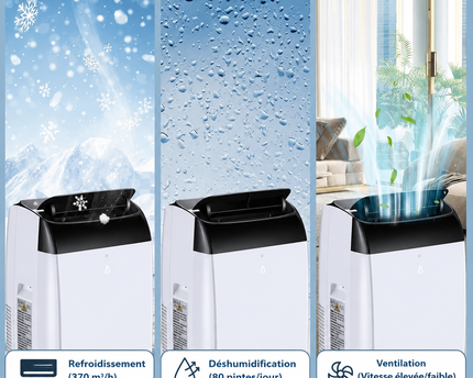Climatiseur portable 3 en 1 - 10 000 BTU (+40m²) – Silencieux - Refroidissement, déshumidification 30 L jour, ventilateur 2 vitesses – minuterie 24 h, affichage numérique